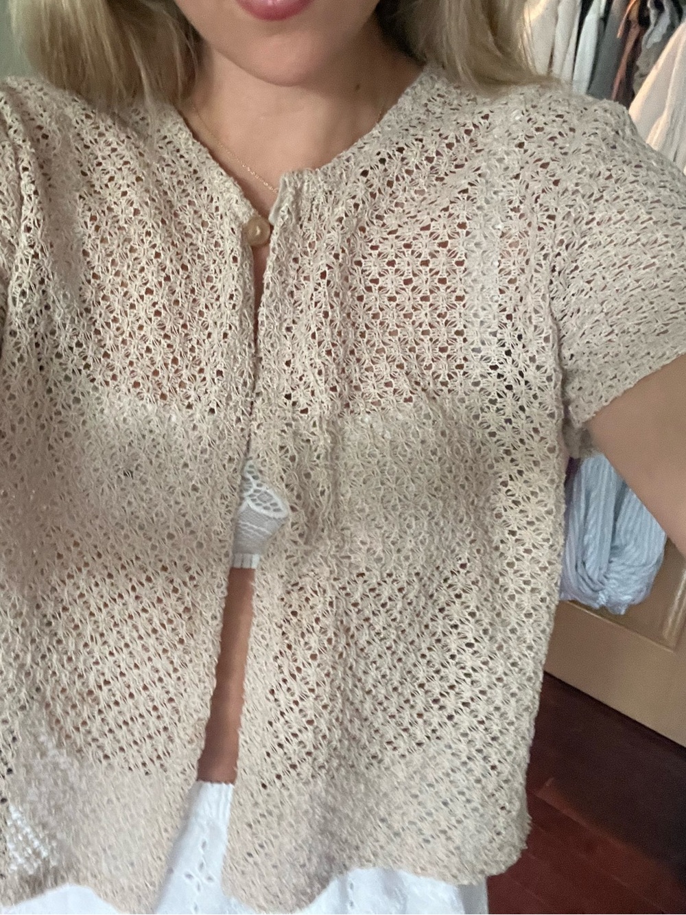 Beige Crocheted Short Sleeve Cardigan (vintage)